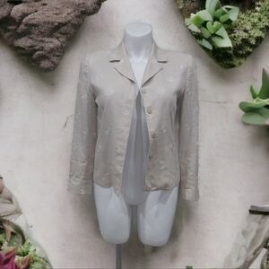Kasper Linen Women's Blazer Size 12P Embroidered Beige Designer Jacket Lined